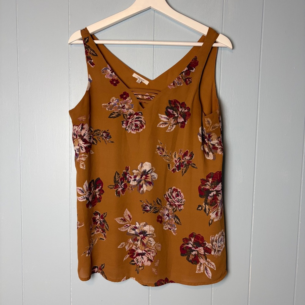 Maurices Mustard Yellow Floral V-Neck Tank Top with Strap Detail Womens Medium